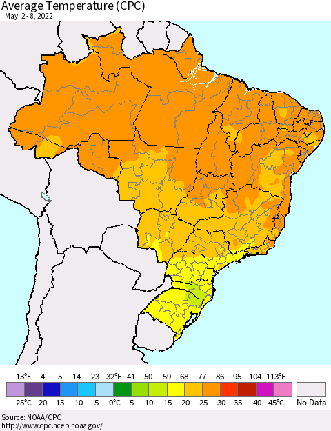 Brazil Average Temperature (CPC) Thematic Map For 5/2/2022 - 5/8/2022