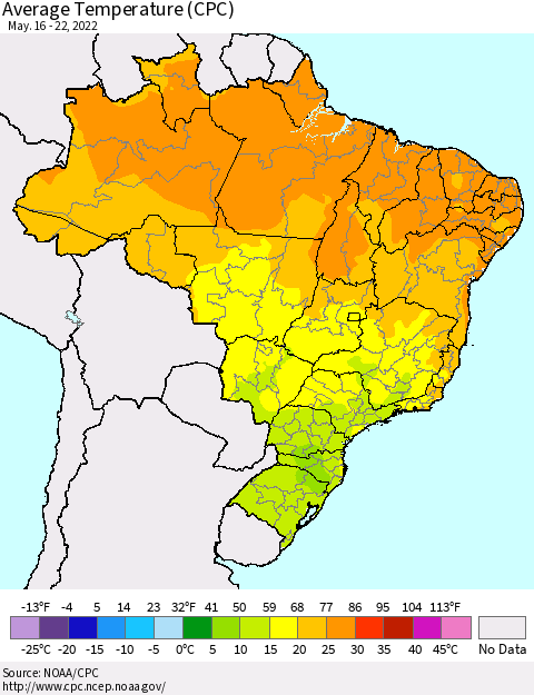 Brazil Average Temperature (CPC) Thematic Map For 5/16/2022 - 5/22/2022