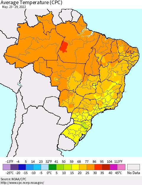 Brazil Average Temperature (CPC) Thematic Map For 5/23/2022 - 5/29/2022