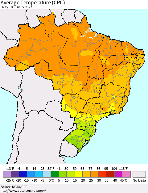 Brazil Average Temperature (CPC) Thematic Map For 5/30/2022 - 6/5/2022