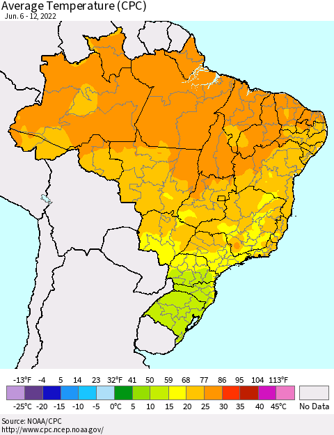 Brazil Average Temperature (CPC) Thematic Map For 6/6/2022 - 6/12/2022