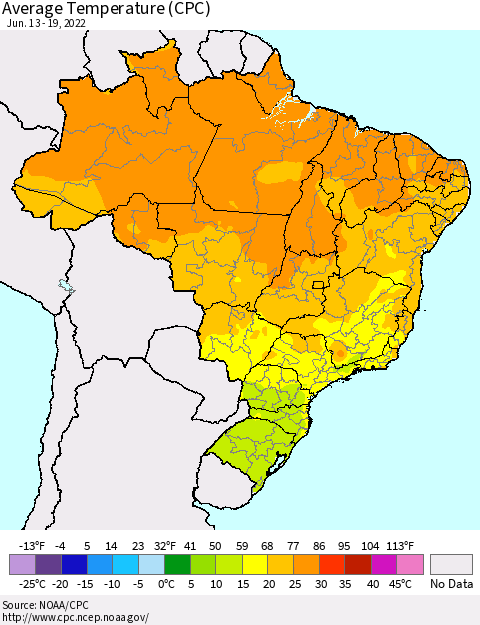 Brazil Average Temperature (CPC) Thematic Map For 6/13/2022 - 6/19/2022