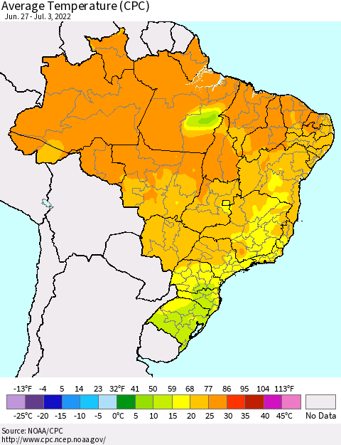 Brazil Average Temperature (CPC) Thematic Map For 6/27/2022 - 7/3/2022