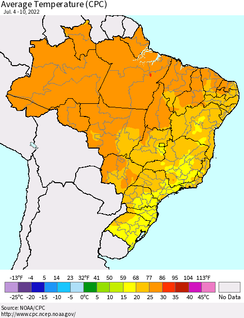 Brazil Average Temperature (CPC) Thematic Map For 7/4/2022 - 7/10/2022
