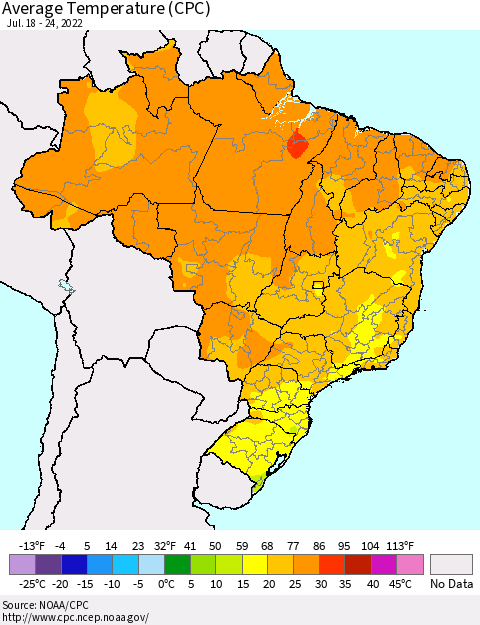 Brazil Average Temperature (CPC) Thematic Map For 7/18/2022 - 7/24/2022