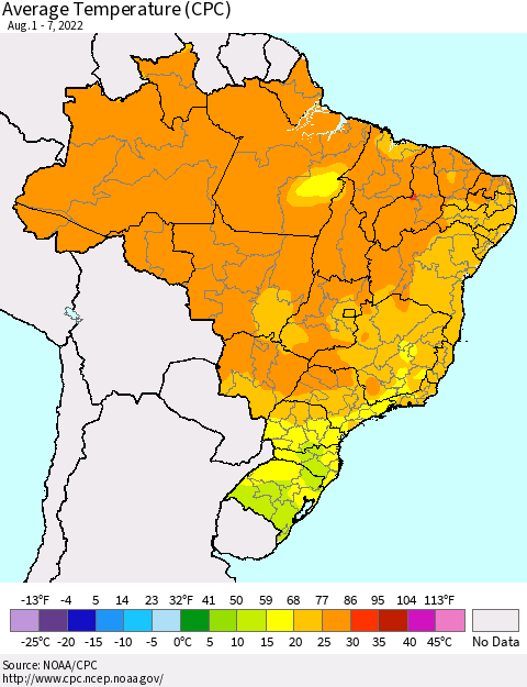 Brazil Average Temperature (CPC) Thematic Map For 8/1/2022 - 8/7/2022