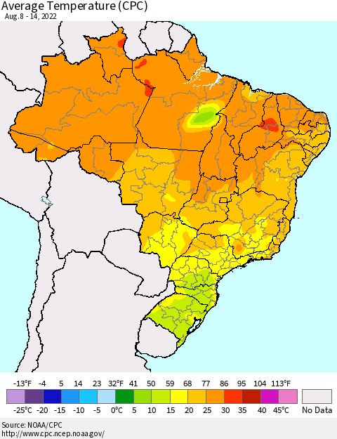 Brazil Average Temperature (CPC) Thematic Map For 8/8/2022 - 8/14/2022
