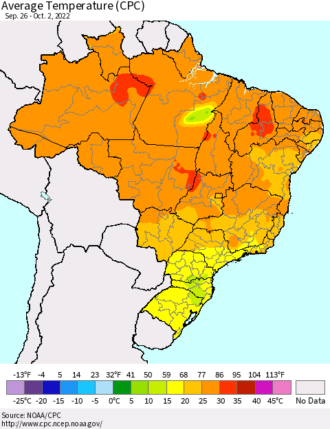 Brazil Average Temperature (CPC) Thematic Map For 9/26/2022 - 10/2/2022