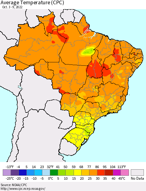 Brazil Average Temperature (CPC) Thematic Map For 10/3/2022 - 10/9/2022