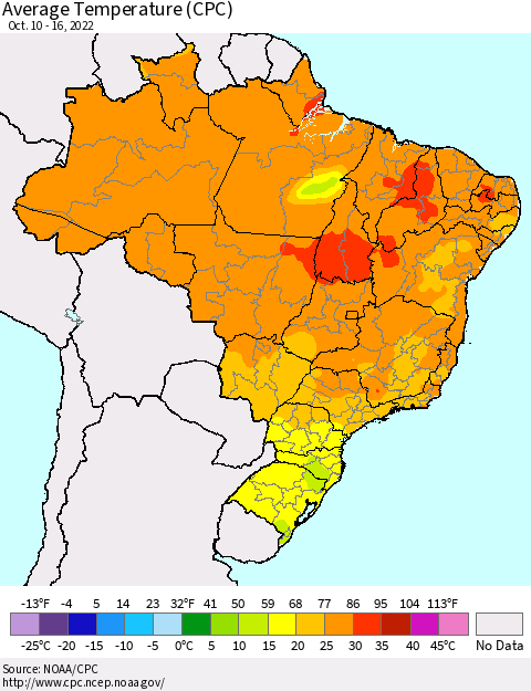 Brazil Average Temperature (CPC) Thematic Map For 10/10/2022 - 10/16/2022