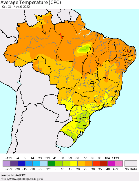 Brazil Average Temperature (CPC) Thematic Map For 10/31/2022 - 11/6/2022