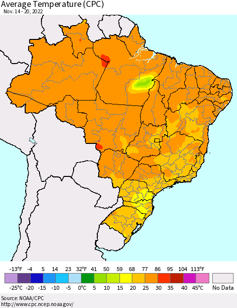 Brazil Average Temperature (CPC) Thematic Map For 11/14/2022 - 11/20/2022