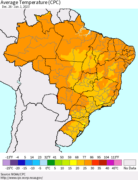 Brazil Average Temperature (CPC) Thematic Map For 12/26/2022 - 1/1/2023
