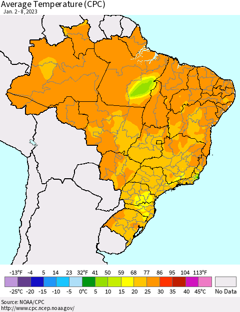 Brazil Average Temperature (CPC) Thematic Map For 1/2/2023 - 1/8/2023