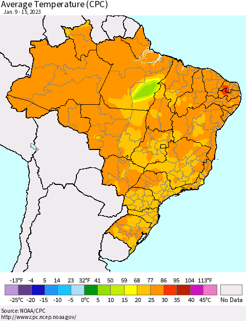 Brazil Average Temperature (CPC) Thematic Map For 1/9/2023 - 1/15/2023
