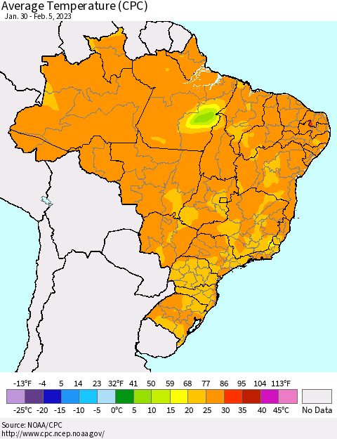 Brazil Average Temperature (CPC) Thematic Map For 1/30/2023 - 2/5/2023