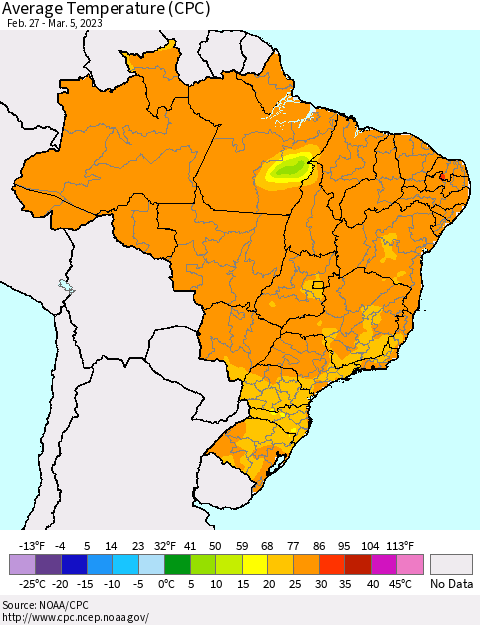 Brazil Average Temperature (CPC) Thematic Map For 2/27/2023 - 3/5/2023