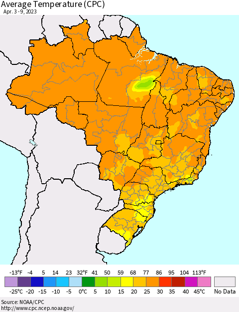 Brazil Average Temperature (CPC) Thematic Map For 4/3/2023 - 4/9/2023