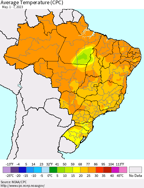 Brazil Average Temperature (CPC) Thematic Map For 5/1/2023 - 5/7/2023