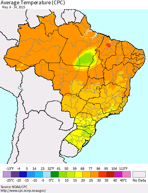 Brazil Average Temperature (CPC) Thematic Map For 5/8/2023 - 5/14/2023