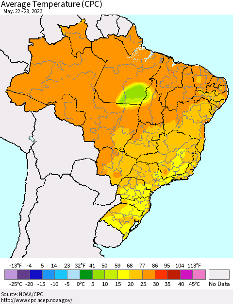 Brazil Average Temperature (CPC) Thematic Map For 5/22/2023 - 5/28/2023
