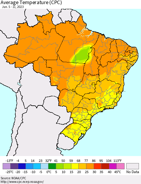 Brazil Average Temperature (CPC) Thematic Map For 6/5/2023 - 6/11/2023
