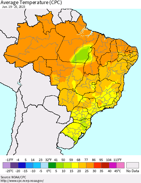 Brazil Average Temperature (CPC) Thematic Map For 6/19/2023 - 6/25/2023