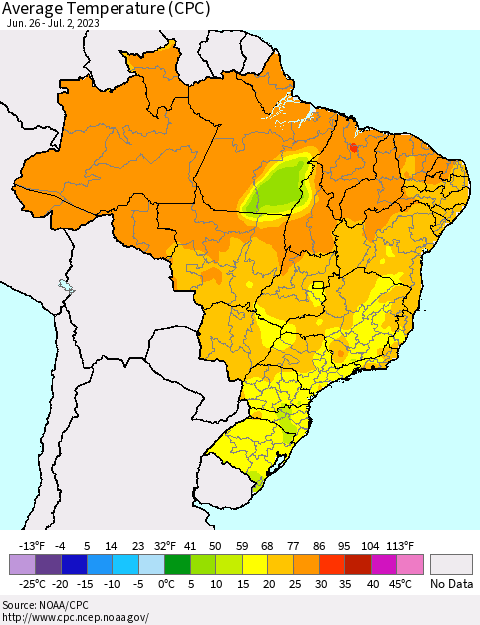 Brazil Average Temperature (CPC) Thematic Map For 6/26/2023 - 7/2/2023