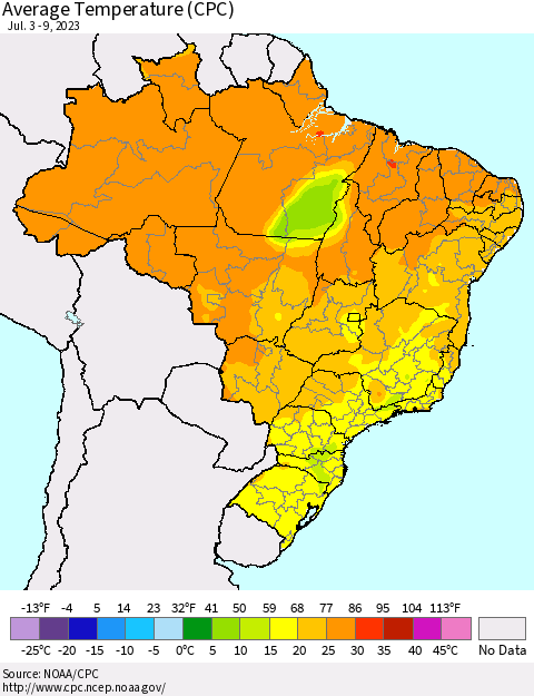 Brazil Average Temperature (CPC) Thematic Map For 7/3/2023 - 7/9/2023
