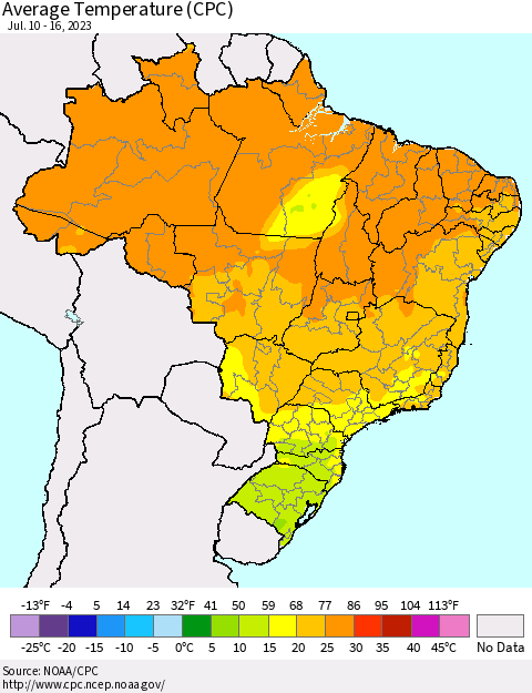 Brazil Average Temperature (CPC) Thematic Map For 7/10/2023 - 7/16/2023