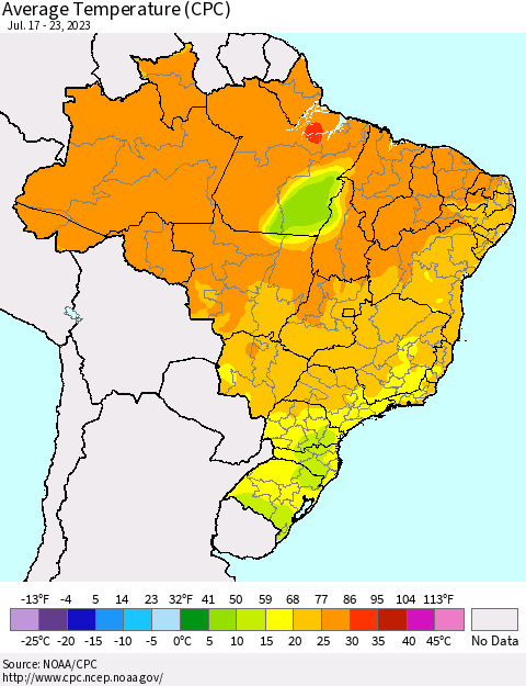 Brazil Average Temperature (CPC) Thematic Map For 7/17/2023 - 7/23/2023