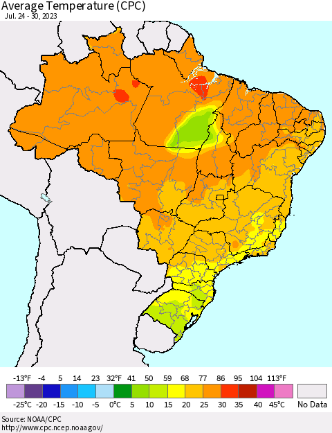 Brazil Average Temperature (CPC) Thematic Map For 7/24/2023 - 7/30/2023
