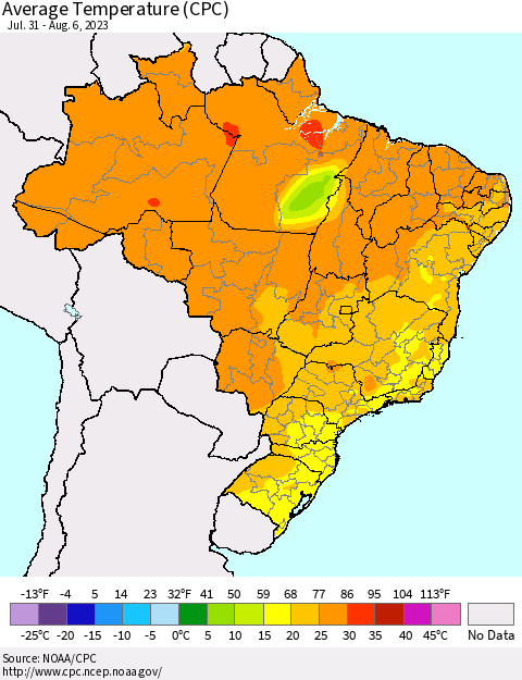 Brazil Average Temperature (CPC) Thematic Map For 7/31/2023 - 8/6/2023
