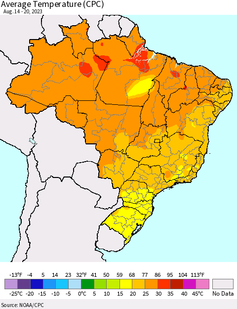 Brazil Average Temperature (CPC) Thematic Map For 8/14/2023 - 8/20/2023