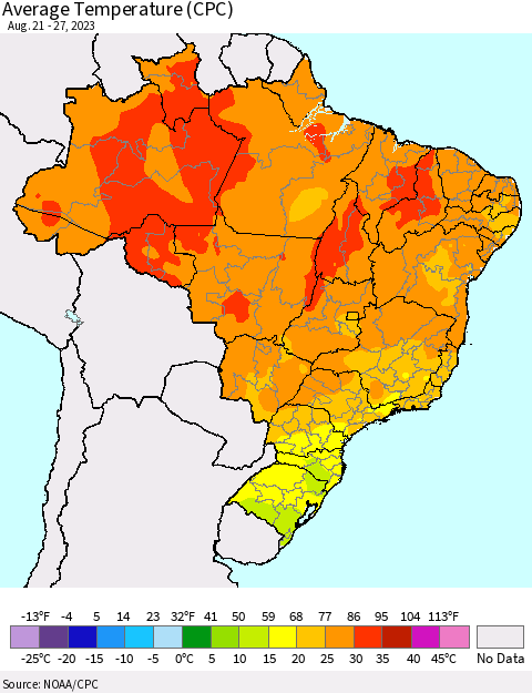 Brazil Average Temperature (CPC) Thematic Map For 8/21/2023 - 8/27/2023