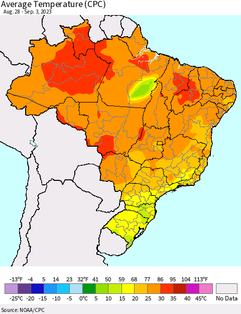 Brazil Average Temperature (CPC) Thematic Map For 8/28/2023 - 9/3/2023