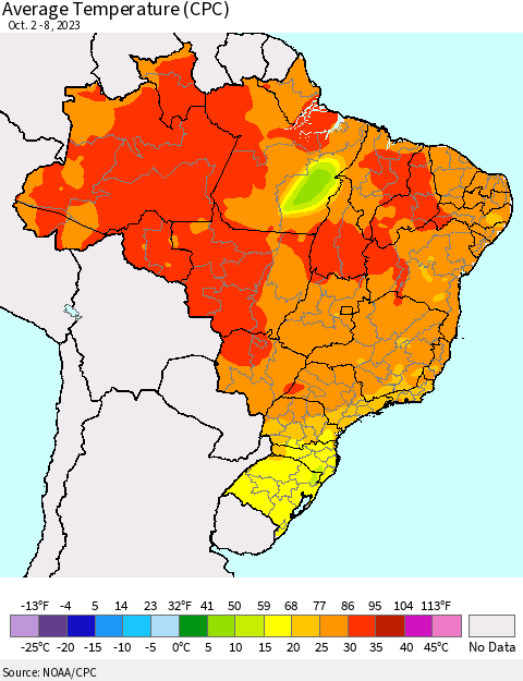Brazil Average Temperature (CPC) Thematic Map For 10/2/2023 - 10/8/2023