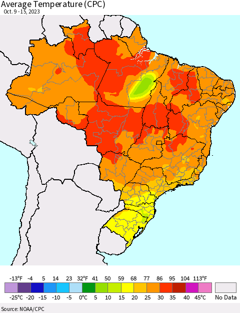 Brazil Average Temperature (CPC) Thematic Map For 10/9/2023 - 10/15/2023