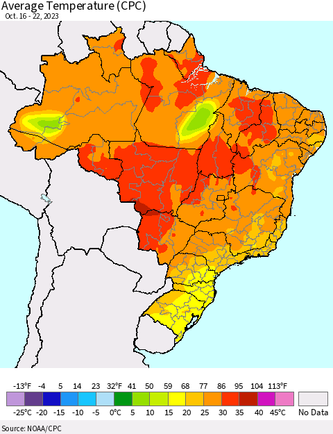 Brazil Average Temperature (CPC) Thematic Map For 10/16/2023 - 10/22/2023
