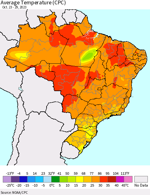 Brazil Average Temperature (CPC) Thematic Map For 10/23/2023 - 10/29/2023
