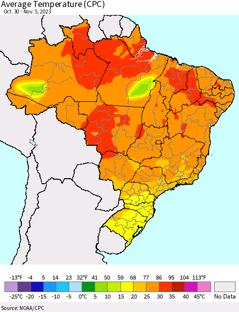Brazil Average Temperature (CPC) Thematic Map For 10/30/2023 - 11/5/2023
