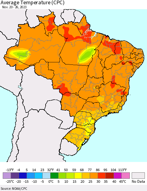 Brazil Average Temperature (CPC) Thematic Map For 11/20/2023 - 11/26/2023