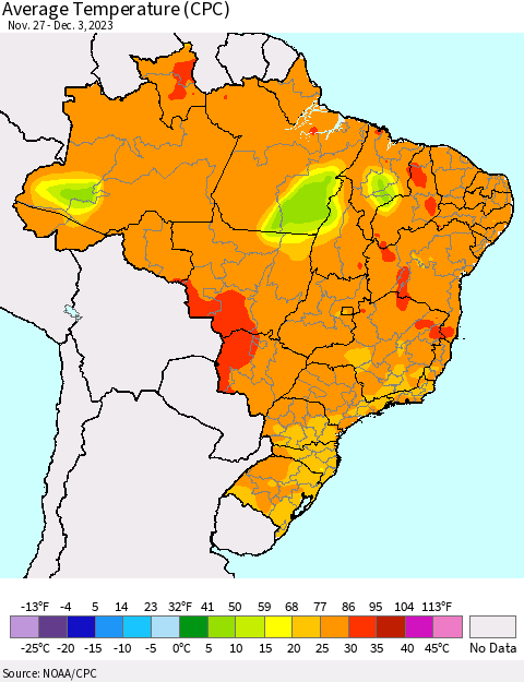 Brazil Average Temperature (CPC) Thematic Map For 11/27/2023 - 12/3/2023