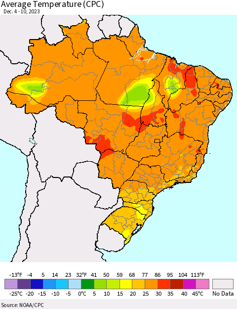 Brazil Average Temperature (CPC) Thematic Map For 12/4/2023 - 12/10/2023