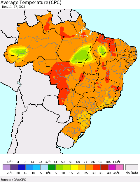 Brazil Average Temperature (CPC) Thematic Map For 12/11/2023 - 12/17/2023