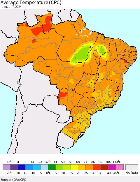 Brazil Average Temperature (CPC) Thematic Map For 1/1/2024 - 1/7/2024