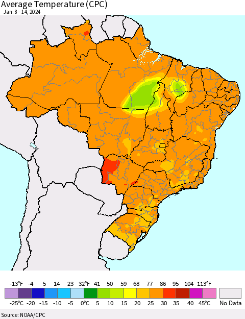Brazil Average Temperature (CPC) Thematic Map For 1/8/2024 - 1/14/2024