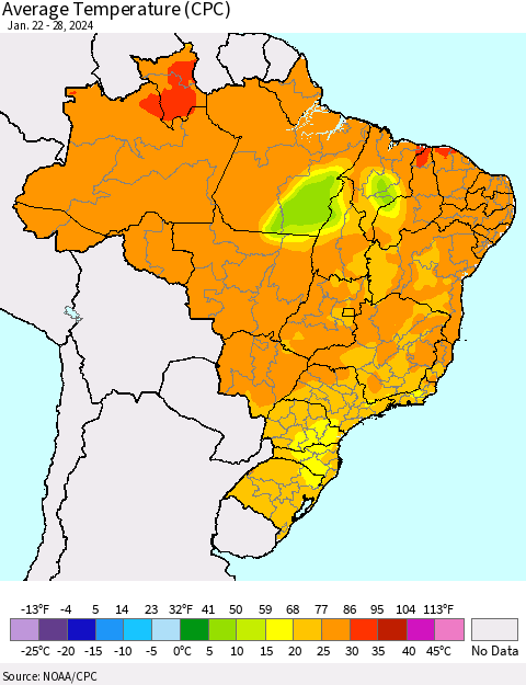 Brazil Average Temperature (CPC) Thematic Map For 1/22/2024 - 1/28/2024