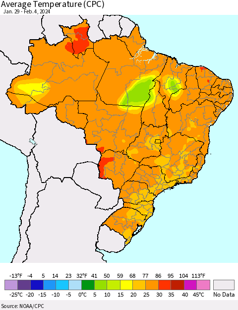 Brazil Average Temperature (CPC) Thematic Map For 1/29/2024 - 2/4/2024