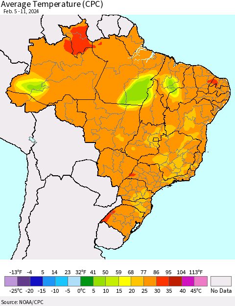 Brazil Average Temperature (CPC) Thematic Map For 2/5/2024 - 2/11/2024